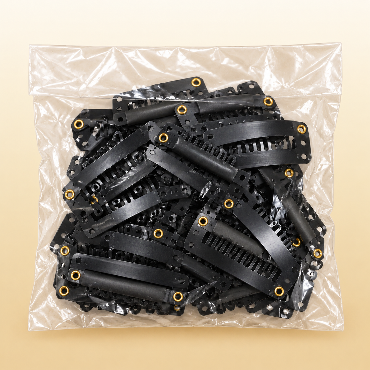 Saco transparente com peças tic-tac pretas para extensões, pack de 12