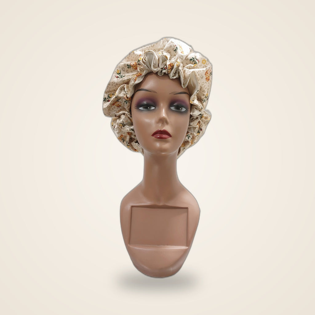 Touca de cetim com elástico regulador - Floral - frente