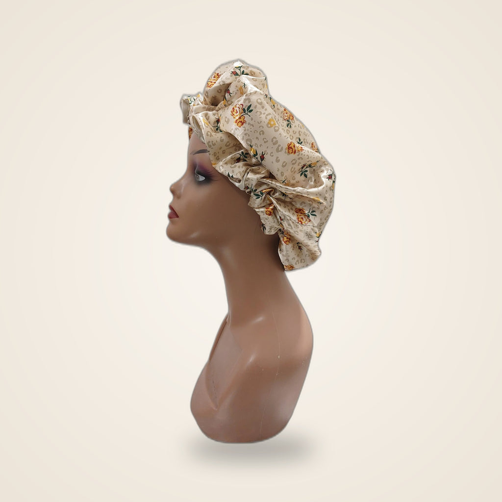 Touca de cetim com elástico regulador - Floral - lateral
