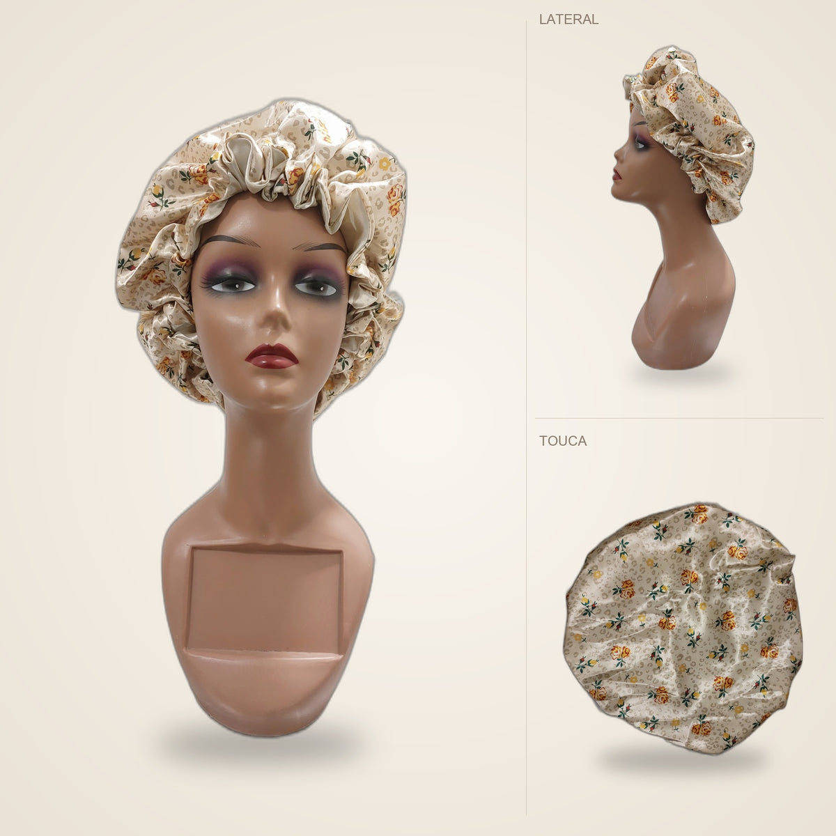 Touca de cetim com elástico regulador - Floral - conjunto de fotos