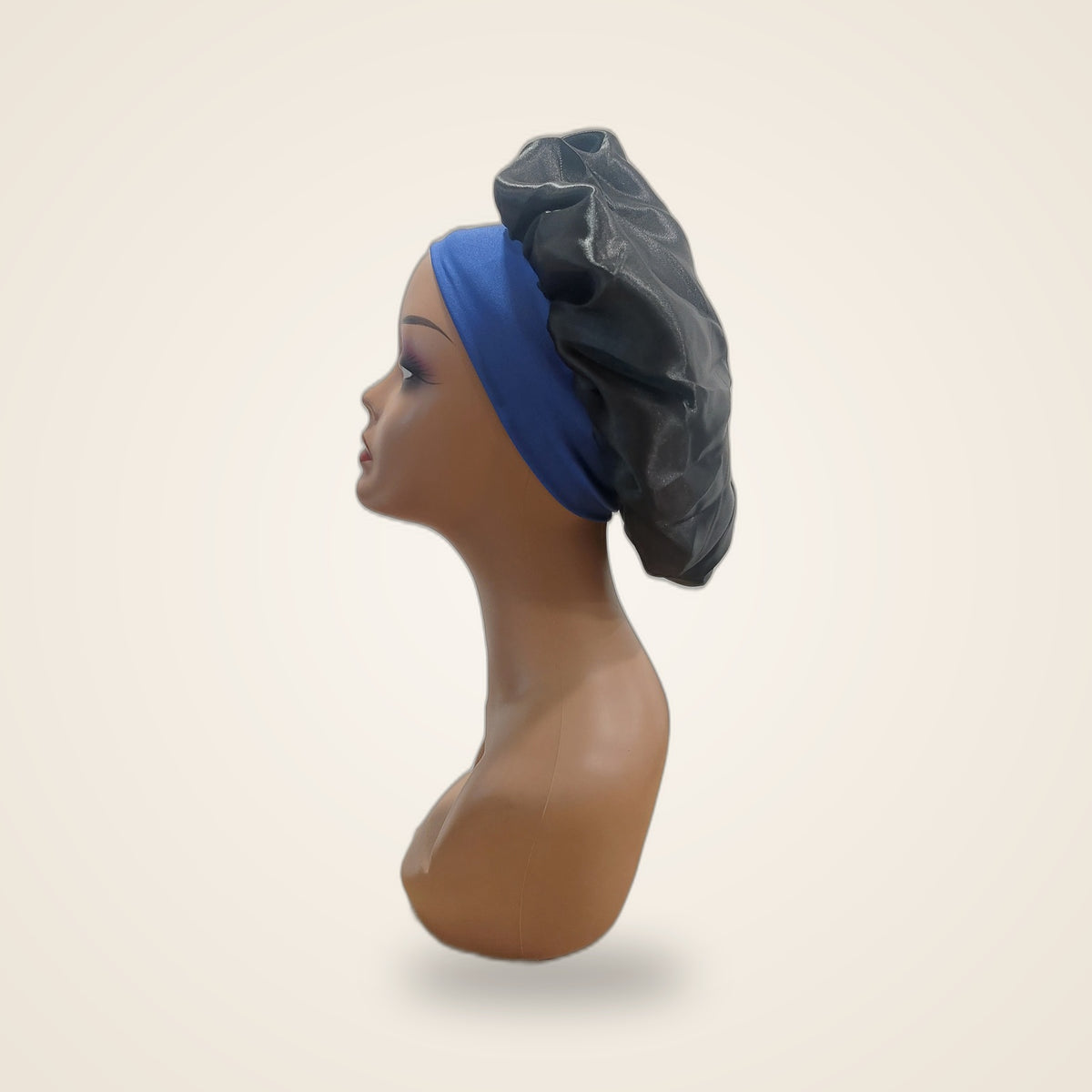 Touca de cetim com faixa - Preto com Faixa Azul - lateral